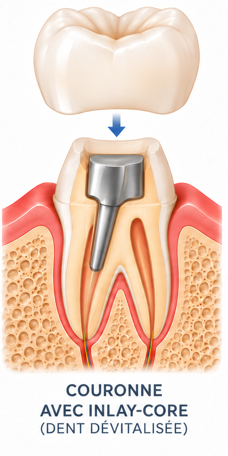 Diagram of a ceramic crown on a post and core, on a root-treated tooth