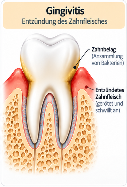 Schema der Gingivitis: Zahnbelag am Zahnhals und gerötetes, geschwollenes Zahnfleisch