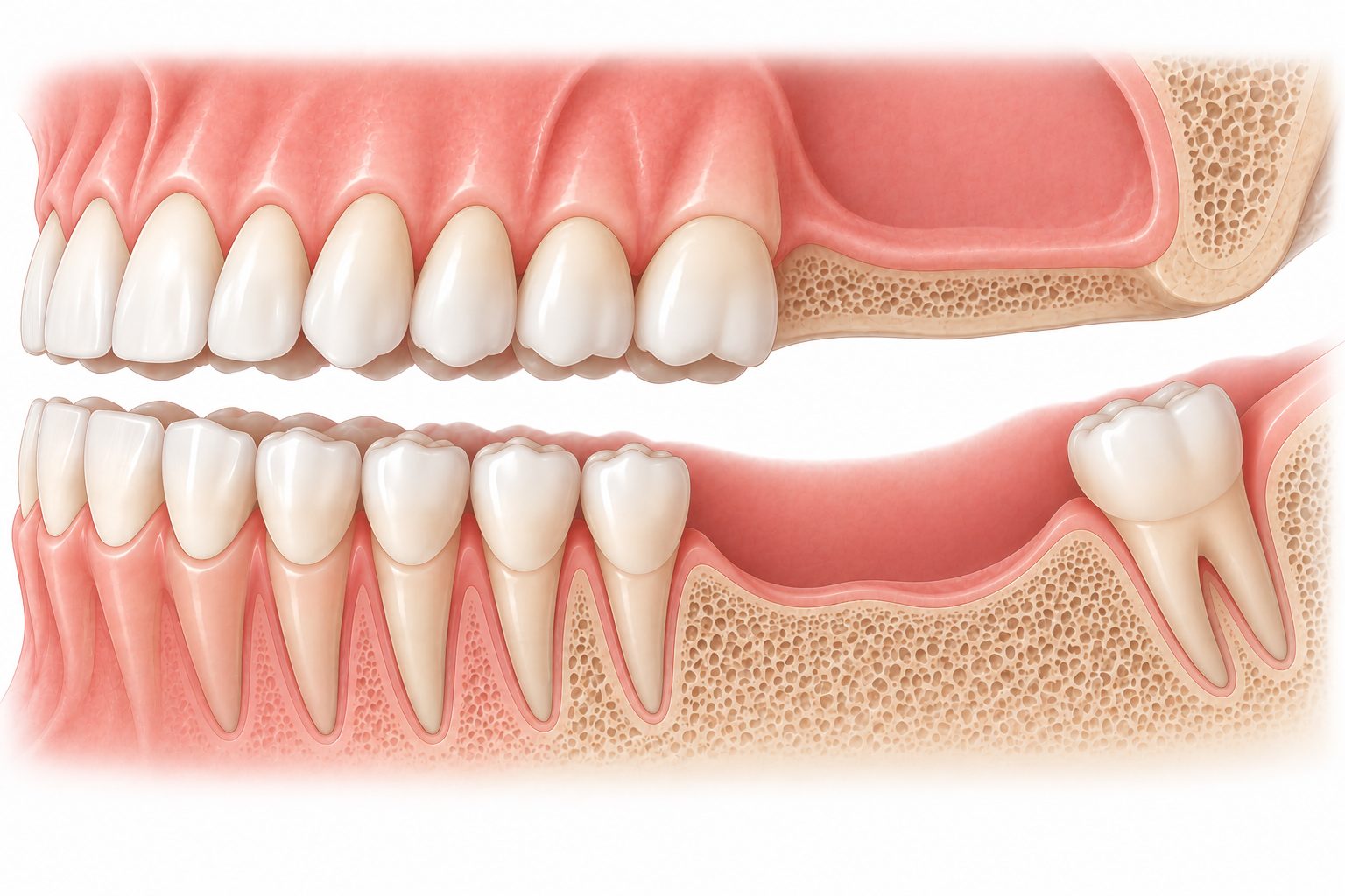 Diagram of several missing teeth: the upper tooth drops into the gap, the neighbouring tooth tilts and the bone shrinks
