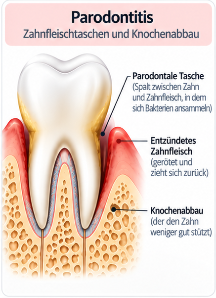 Schema der Parodontitis: Zahnfleischtasche, entzündetes Zahnfleisch, das sich zurückzieht, und Knochenabbau