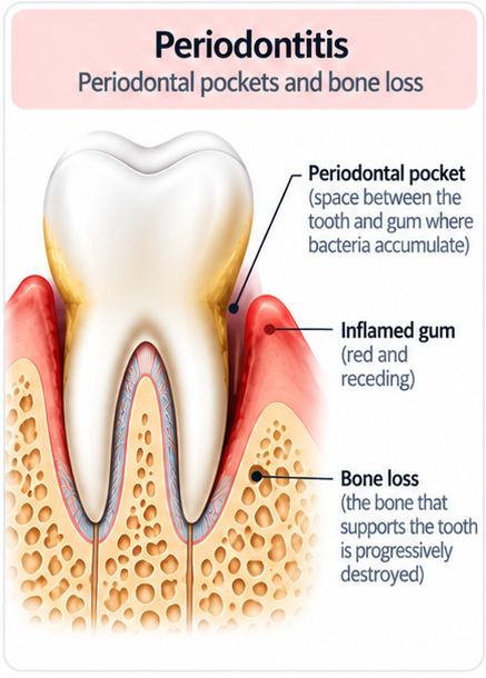 Diagram of periodontitis: periodontal pocket, red and receding gum, and bone loss