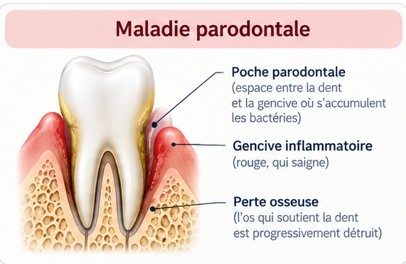 Schéma de la maladie parodontale : poche parodontale entre la dent et la gencive, gencive inflammatoire et perte de l'os qui soutient la dent