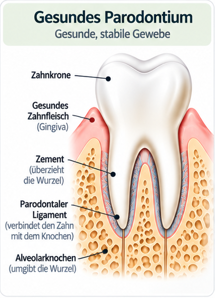 Schema eines gesunden Parodonts: Zahnkrone, gesundes Zahnfleisch, Zement, Parodontalligament und Alveolarknochen