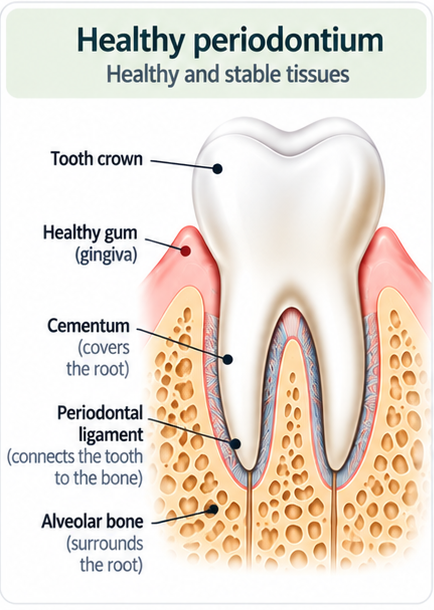 Diagram of a healthy periodontium: tooth crown, healthy gum, cementum, periodontal ligament and alveolar bone