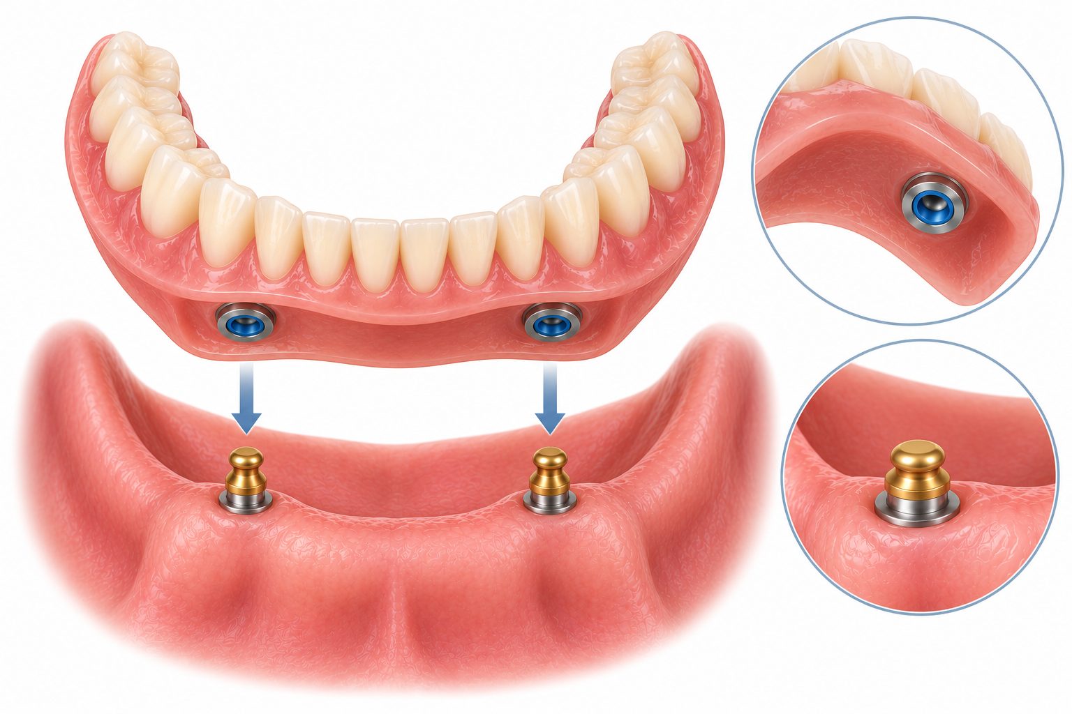 Illustration einer unteren Vollprothese, die auf zwei Implantate mit Druckknöpfen eingeklickt wird